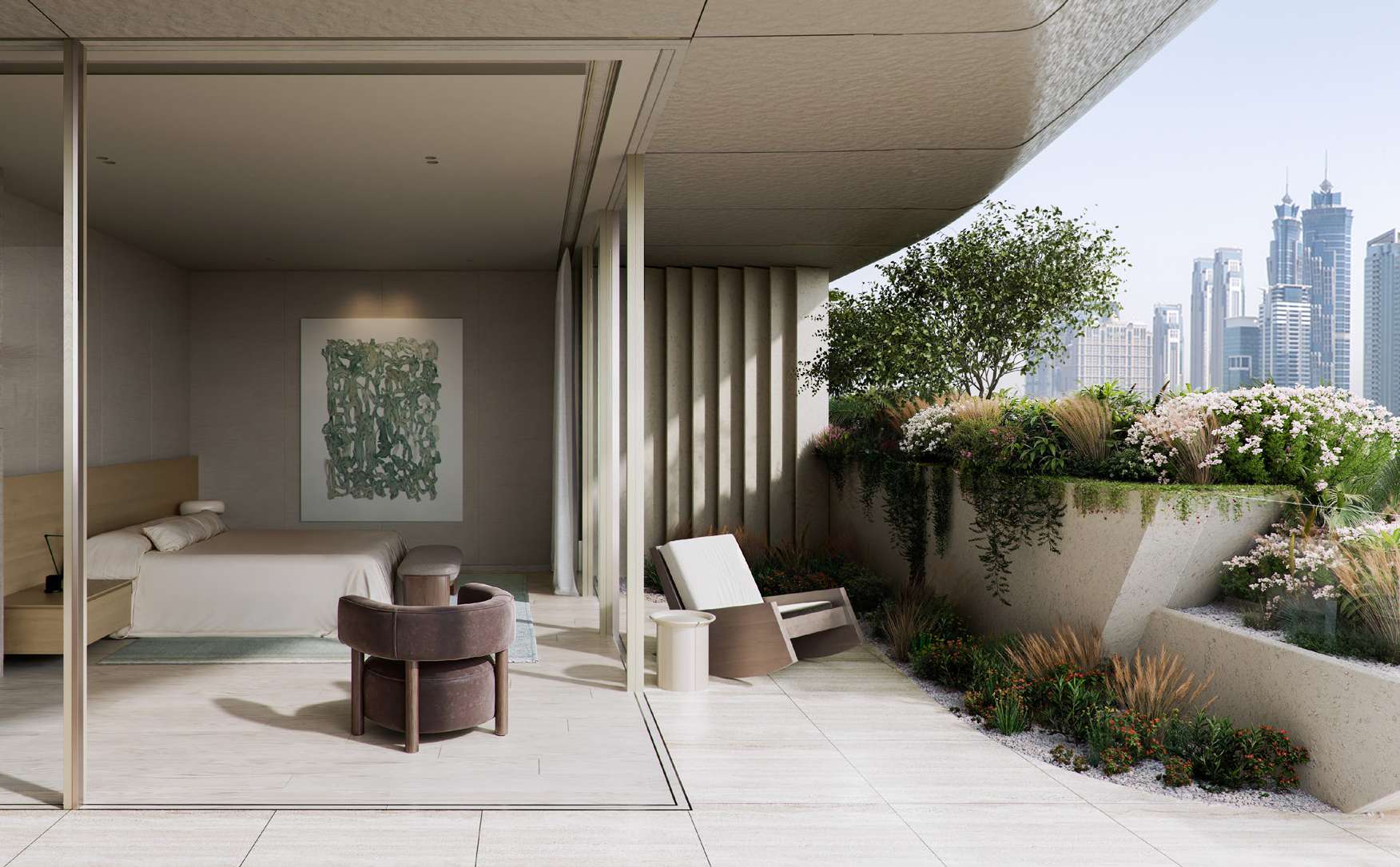 Bedroom opening onto a planted terrace with views of the skyline