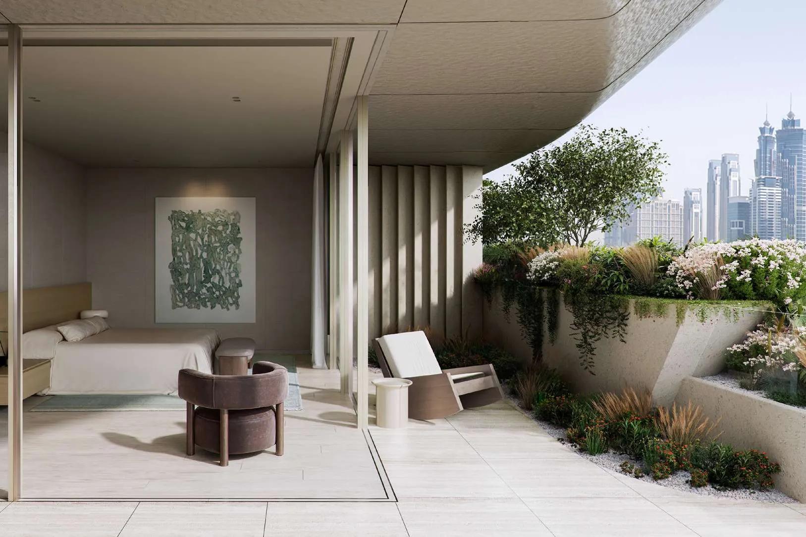 Bedroom opening onto a planted terrace with views of the skyline
