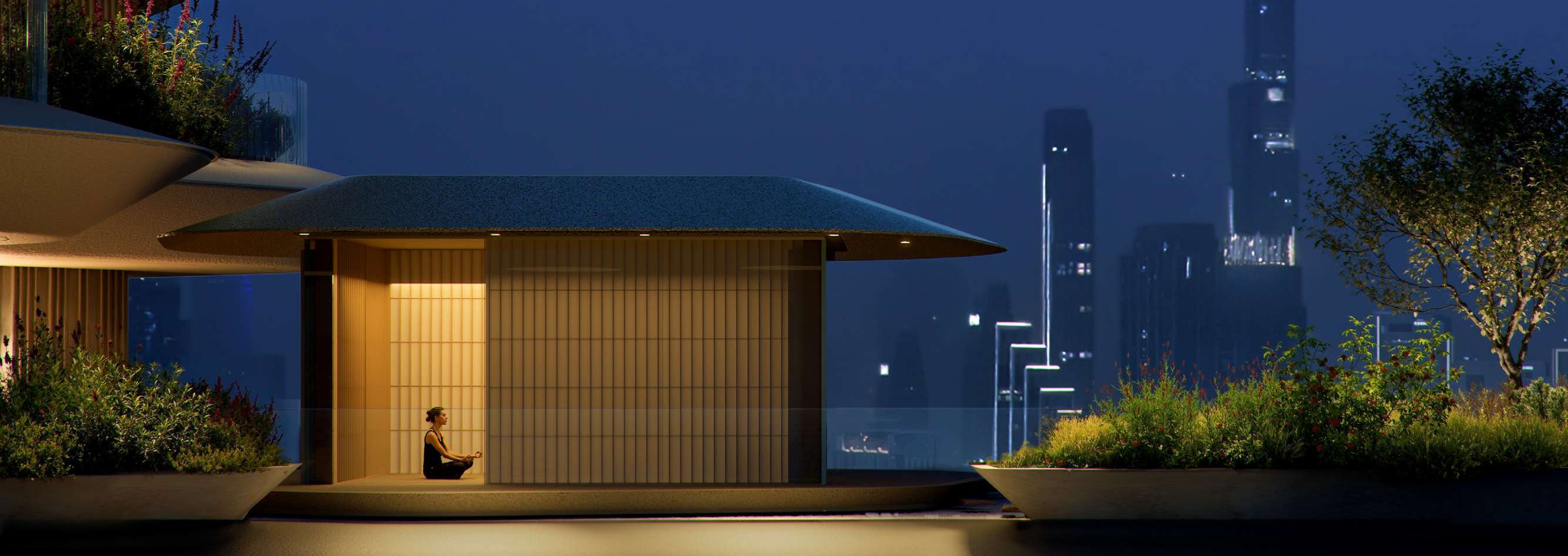 Lantern-lit terrace pavilion at dusk with the Dubai skyline behind