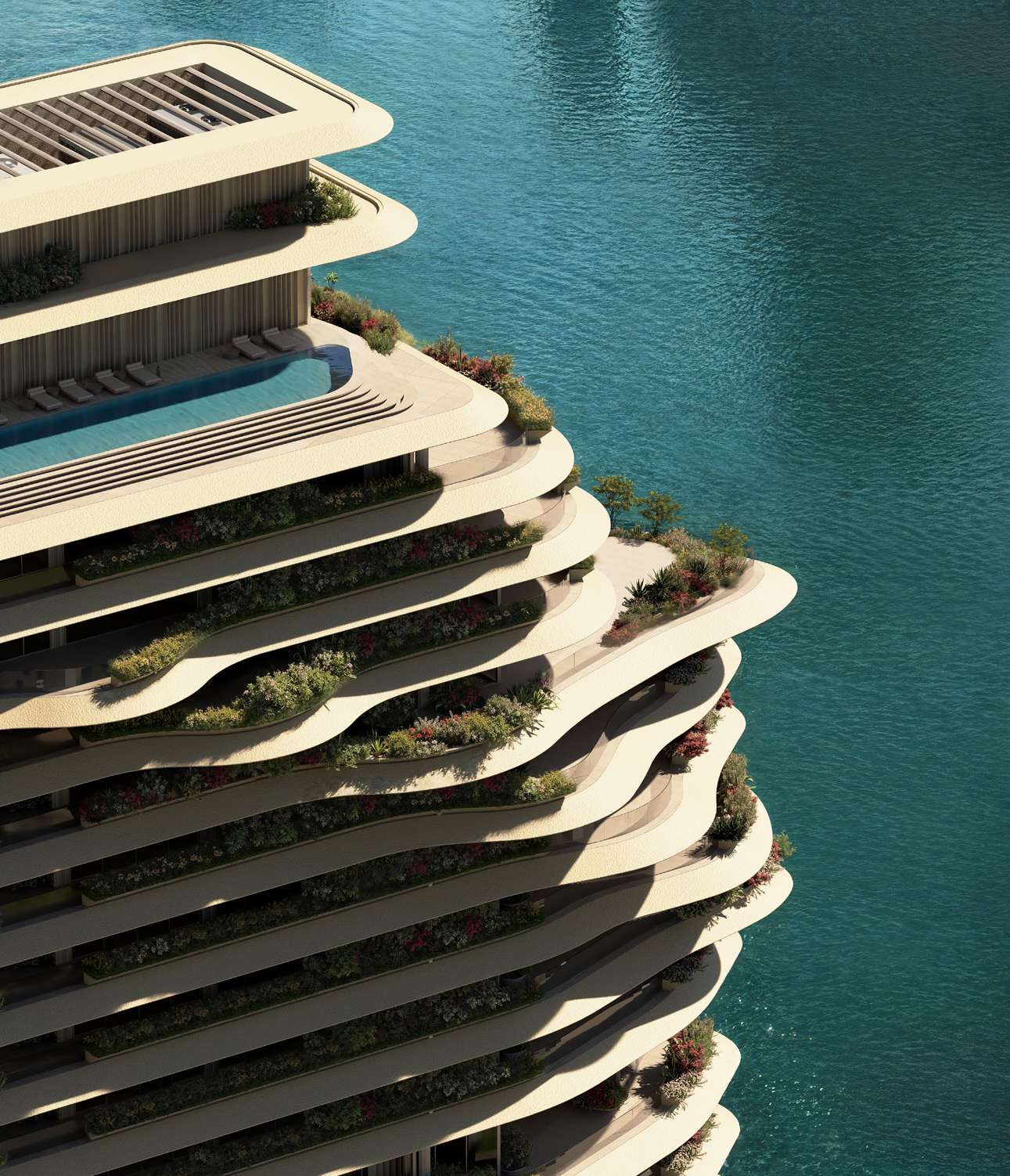 Curving planted terraces of the tower above turquoise canal water, with rooftop pool