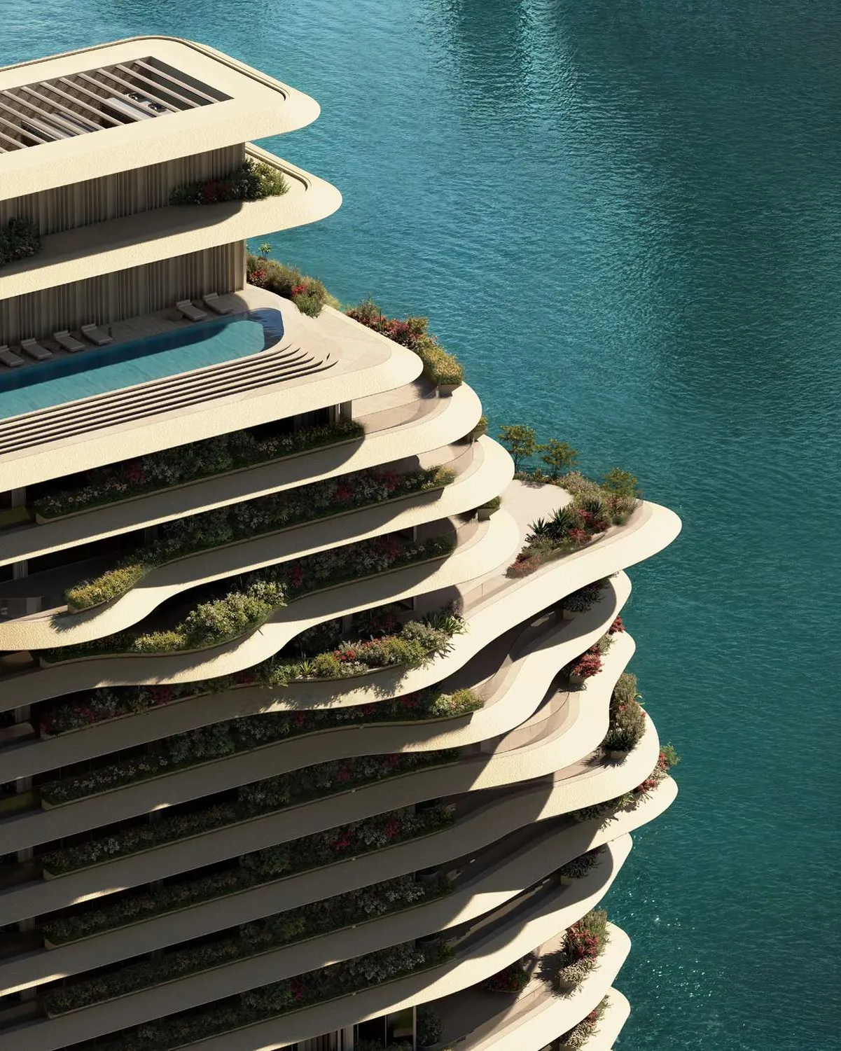 Curving planted terraces of the tower above turquoise canal water, with rooftop pool
